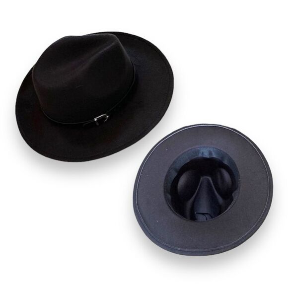 Black Wide Brim Tall Dented Crown Black Buckle Band Fedora Hat NEW - Picture 2 of 4